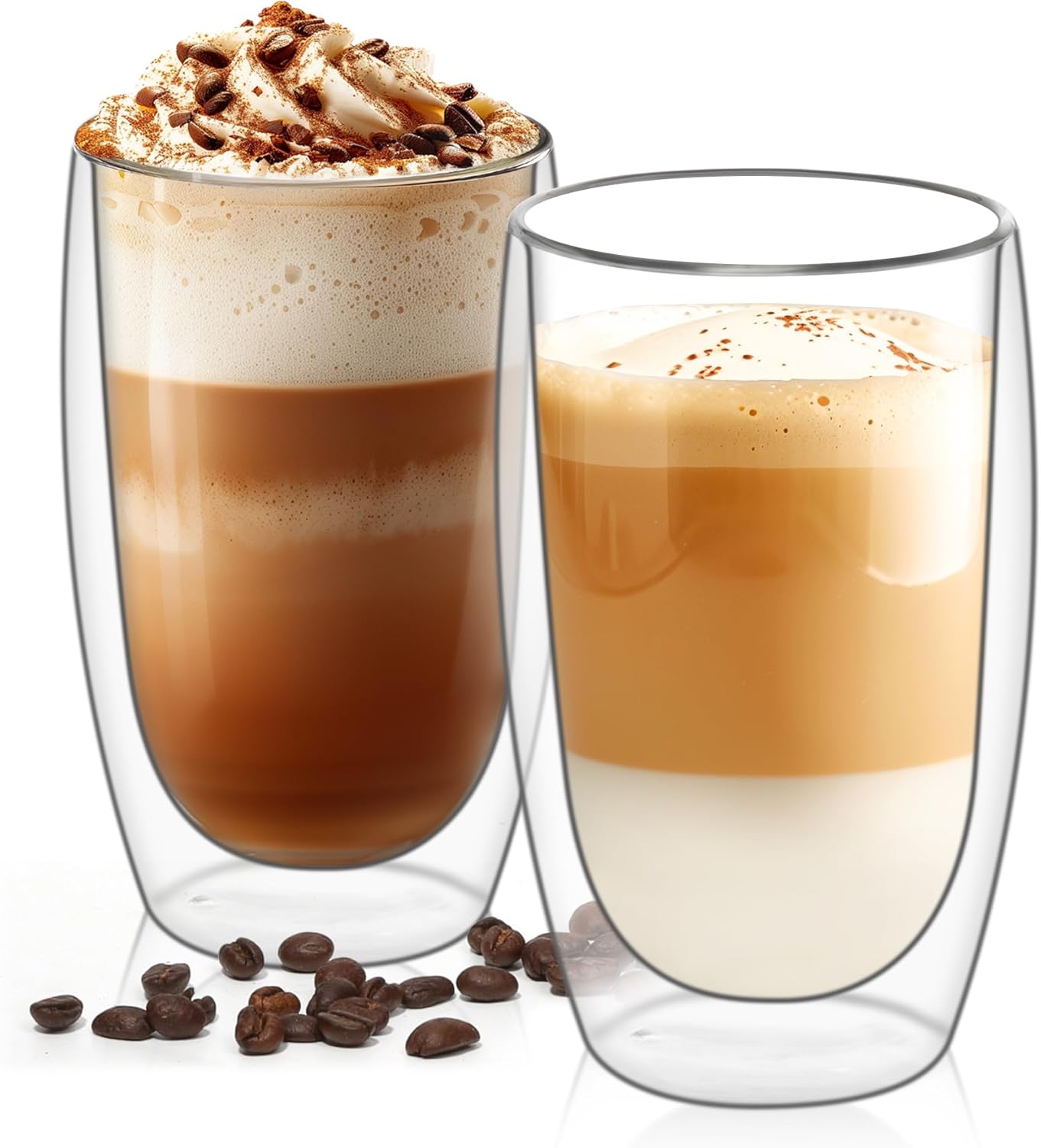 ComSaf 15oz Double Wall Glass Coffee Mugs, Insulated Latte Cups Set of 2, for Coffee, Espresso, Tea, Milk, Clear Cappuccino Cups Set Glassware Gift for Christmas Birthday