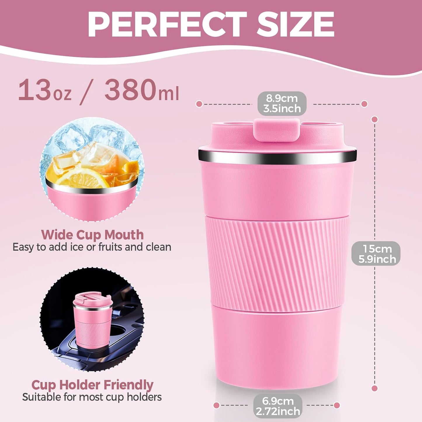Volhoply 13 oz Stainless Steel Insulated Travel Coffee Mug with Fip Lid,Reusable Double Wall Vacuum Metal Coffee Cup,Portable to Go Leak Proof Cafe Thermal Tumbler for Hot & Cold Drinks(Pink,1)