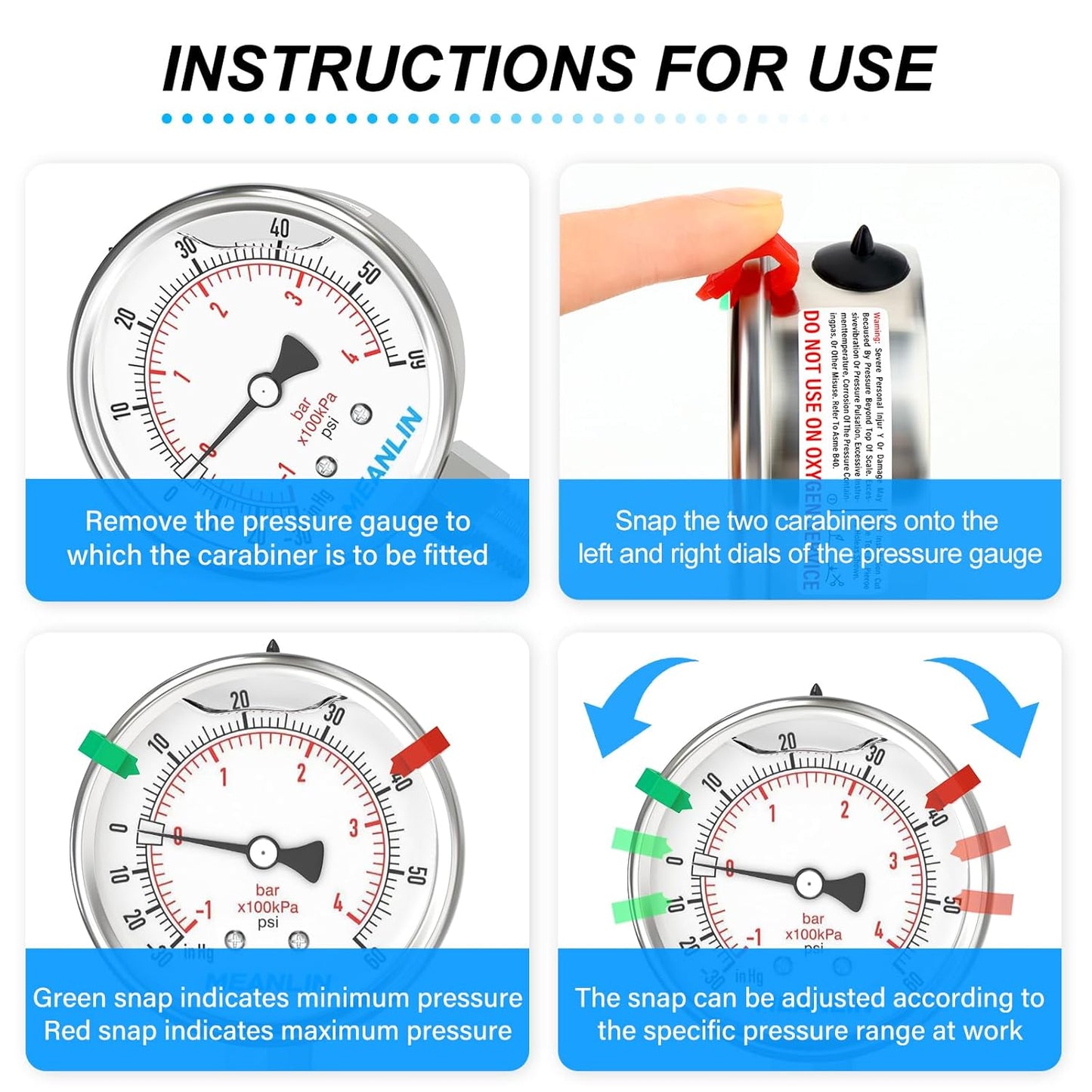MEANLIN MEASURE -30inHG~60Psi Vacuum Pressure Gauge 316 Stainless Steel Joint 1/4" NPT 2.5" FACE DIAL, Stainless Steel Liquid Filled Pressure Gauge WOG Water Oil Air Lower Mount, 2PCS Snaps