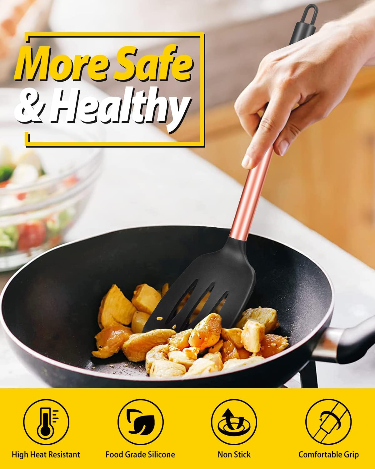 Pack of 2 Silicone Solid Turner, Non Stick Slotted Kitchen Spatulas, High Heat Resistant BPA Free Cooking Utensils, Ideal Cookware for Fish, Eggs, Pancakes(Rose Gold Black)