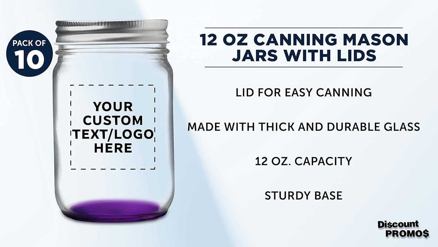 DISCOUNT PROMOS 10 Decorating Mason Jars Set, 12 oz. - Customizable Text, Logo - Canning, Aluminum Lid - Purple