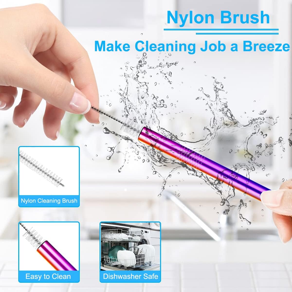 Vinaco Reusable Smoothie Straw, 0.4'' Extra Wide Stainless Steel Straw 10.5'' & 8.5'' Long colorful Straws, 6 Pack Metal Straw with 1 Reusable Straw Brush Cleaner for Milkshake, Smoothie, Bubble tea