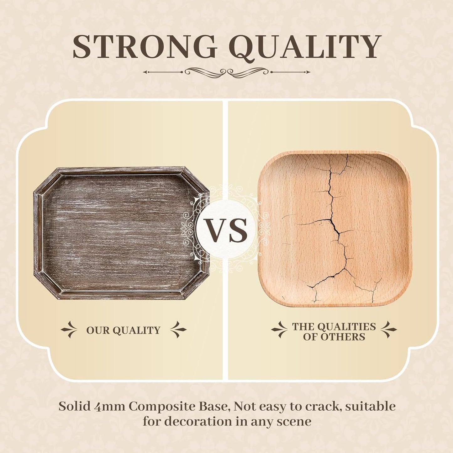 Wooden Decorative Tray, Rustic Serving Tray with Wood Bead, Farmhouse Big Tray for Ottoman, Countertop, Coffee Tabl, 16.5" x 13"x 1.6" (Retro Brown)