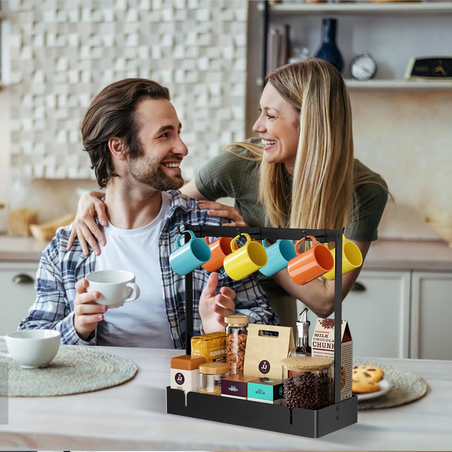 Coffee Mug Holder with Movable Hooks, 6-Mug Capacity Countertop Coffee Cup Rack with Storage Base