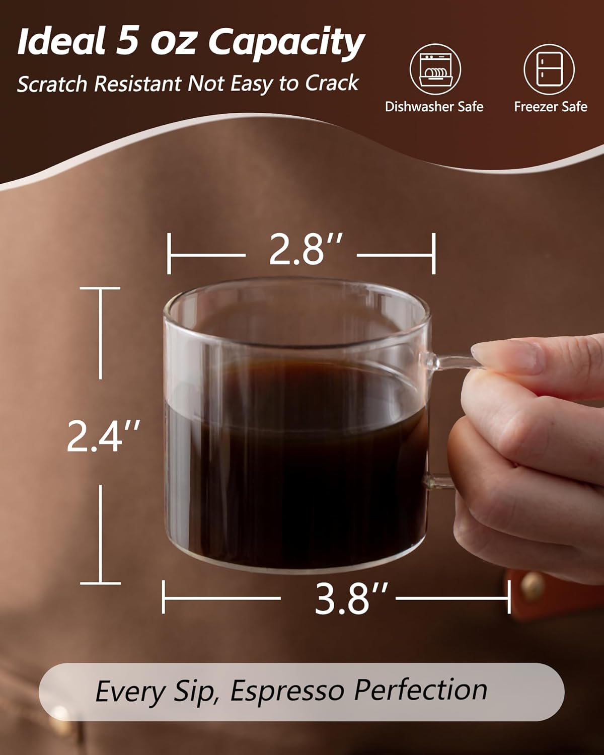 5 OZ Espresso Cups with Handle, Clear Espresso Shot Glass Set of 6, Small Double Espresso Accessories for Espresso Machine Coffee Bar