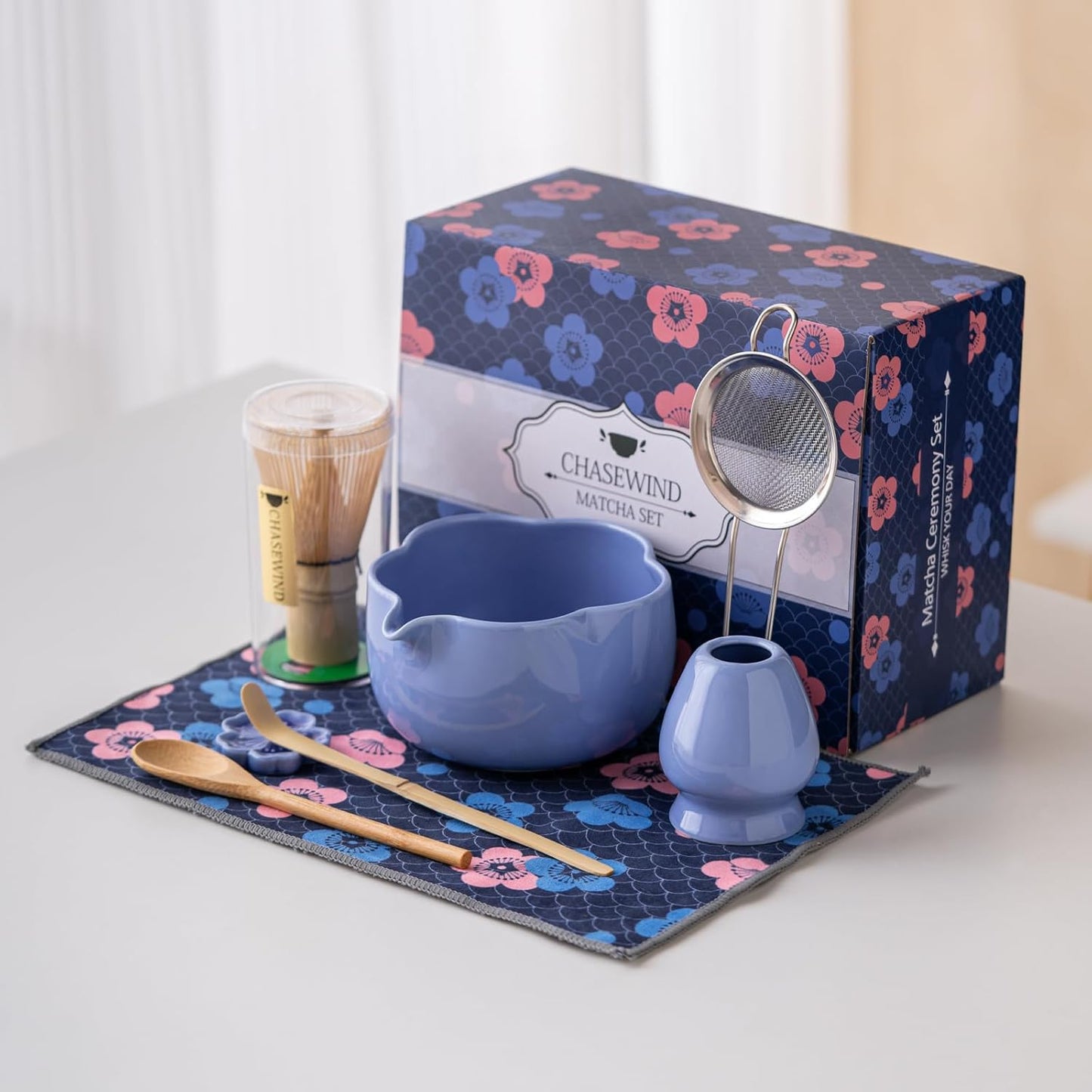 Matcha Set, 8Pcs Floral Ceramic Matcha Set with Matcha Whisk, Holder, Scoop, Scoop Rest, Sifter, Spoon and Tea Towel - Thoughtful Matcha Whisk Set Gift for Matcha Lovers (Blue)