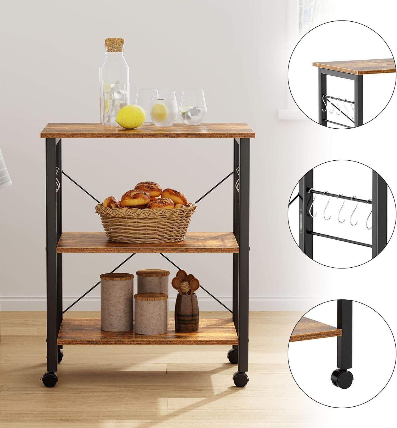 DlandHome Microwave Cart Stand 23.6 inches, 3-Tier Kitchen Baker's Rack Utility Storage Shelf Microwave Stand for Kitchen Organizer Workstation Shelf (Retro)