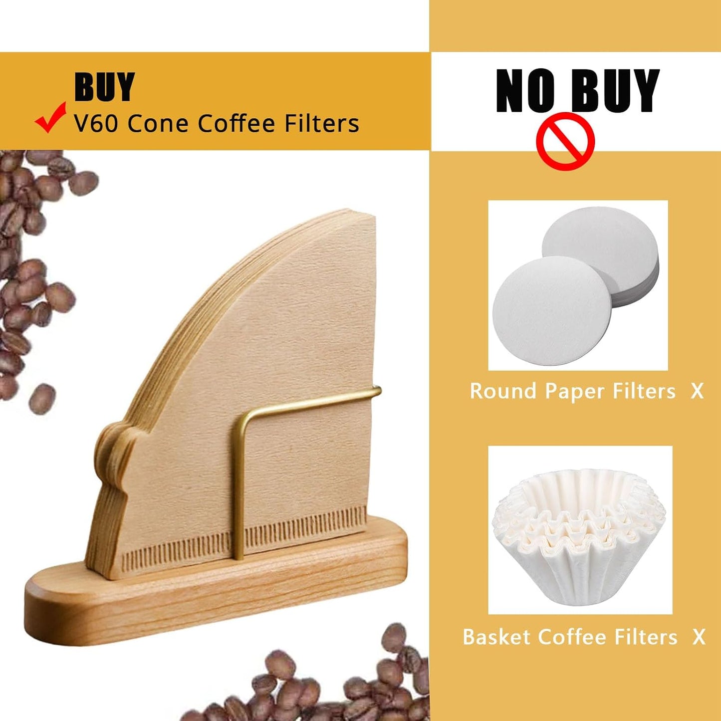 Coffee Filter Holder Stand for V60#1 & #2 | Wood & Brass Organizer with 40-Capacity | Space-Saving Storage for Cone Paper Filters | Compatible with Pour Over Coffee Accessories