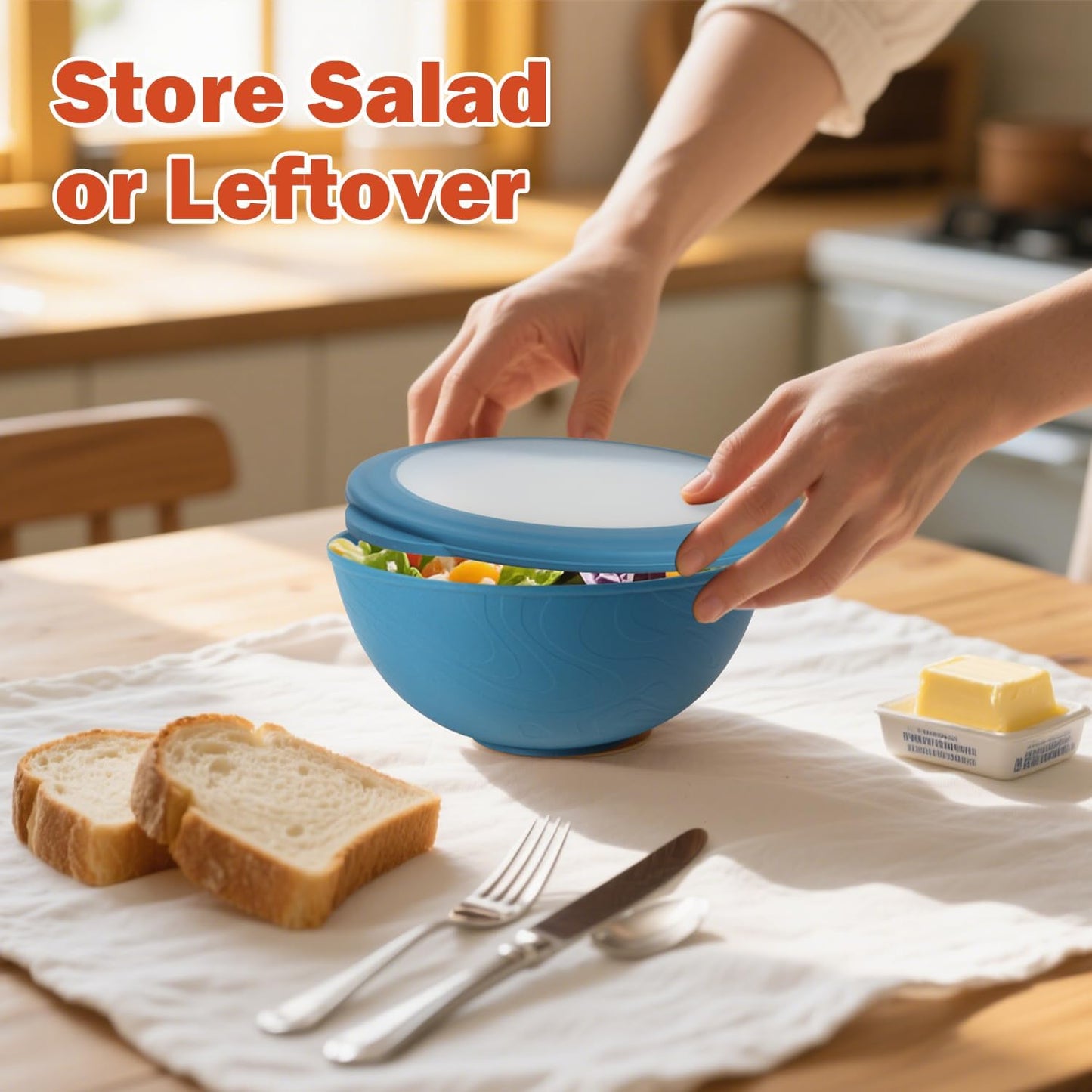 wheat straw bowls with lids set of 4, 40oz cereal bowls with covers,unbreakable salad container for lunch, dishwasher safe bowl sets for kitchen. Blue