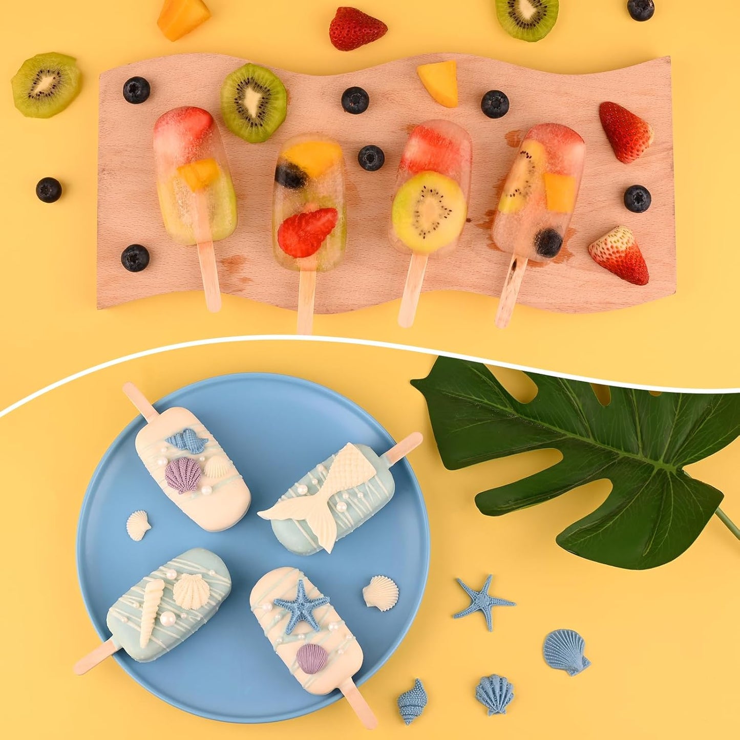 Sakolla Large Popsicle Silicone Molds Set, 3 Pcs 4 Cavities Oval Homemade Ice Cream Molds with 150 Wooden Sticks for Ice Pop, Cakesicles, Cake Pop (Green)