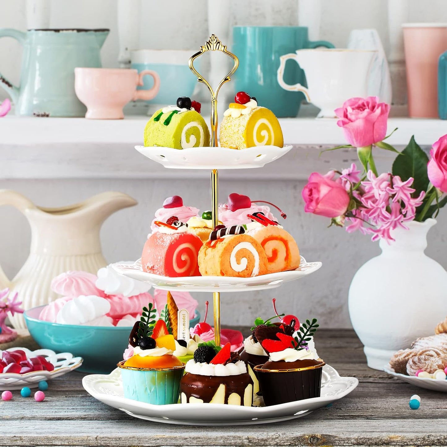 Tatuo 2 Pcs 3 Tier Porcelain Cupcake Stand, Cup Cake Holder Tower, Pastry Serving Elegant Dessert White Ceramic Tiered Stand for Wedding, Birthday, Tea Party(Lace Round Shape)