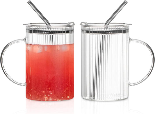 KEMORELA 2 Pack Fine-Ribbed Glass Tumblers with Handle and Lid – 1000ml / 34oz Iced Coffee Cups with Reusable Straws – Large Clear Glass Mugs for Smoothies, Juice & Daily Drinks (2 Pack-Ribbed-Fine)