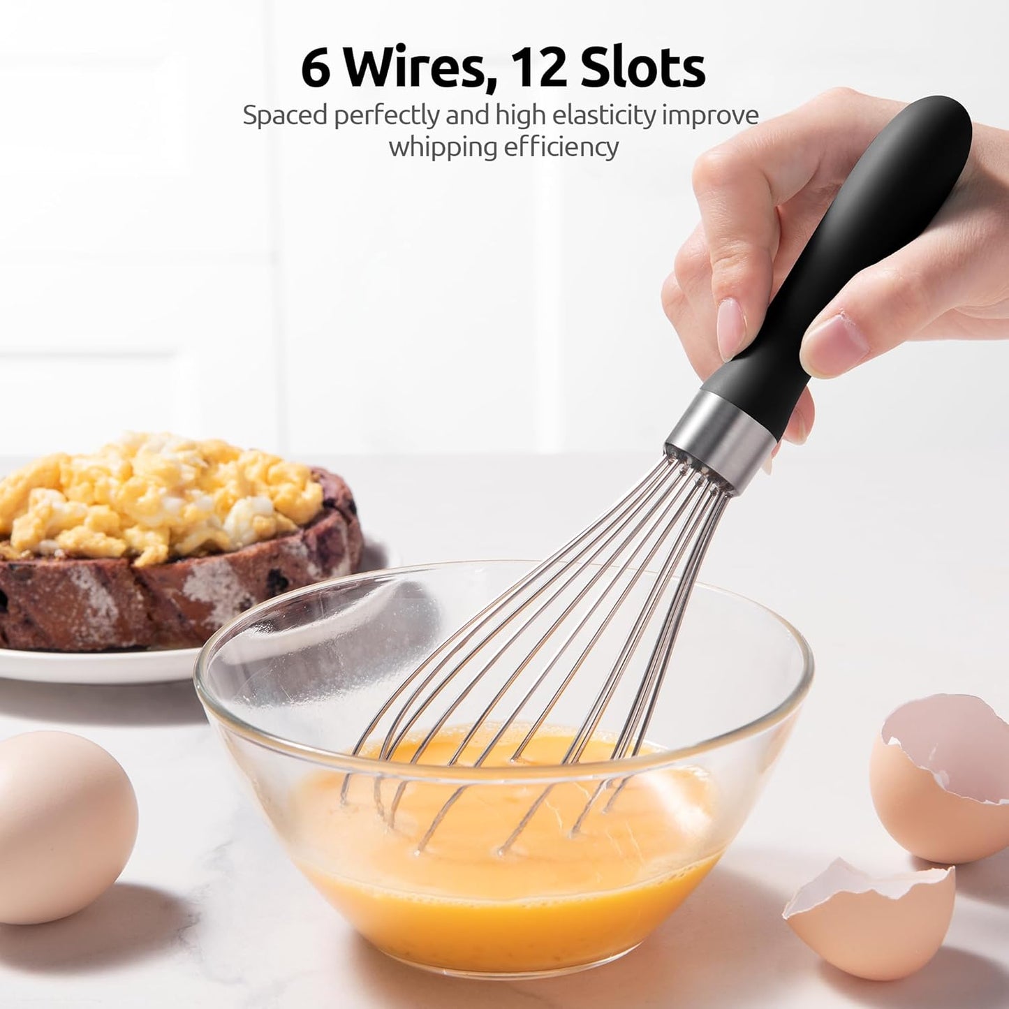 U-Taste 9" Small Egg Whisk: 18/10 Stainless Steel Kitchen Cooking Wire Balloon Wisk, Heavy Duty Metal Beater Stirrer, Manual Baking Tool with 6 Flex Wires for Hand Mixing, Blending Sauce (Black)
