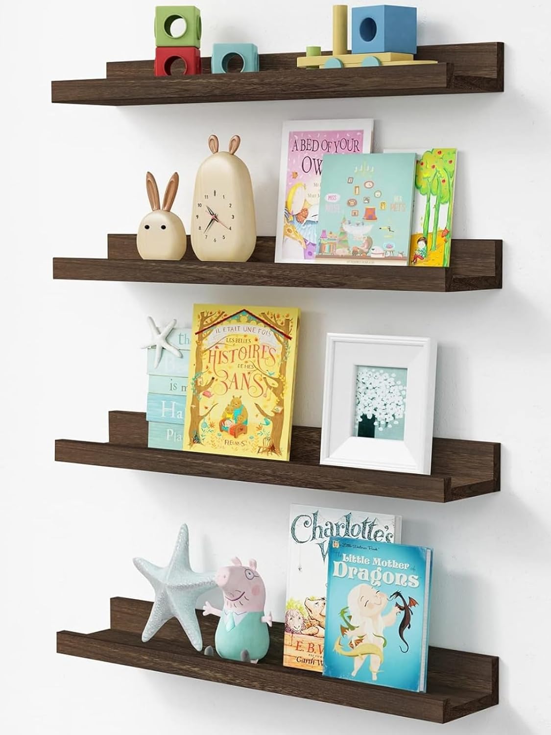 Forbena 24 Inch Rustic Picture Ledge Shelf Set of 4, Wooden Floating Shelves with Lip for Wall, Wide Farmhouse Hanging Photo Ledge Shelves for Bedroom Living Room Books (Solid Wood, Dark Brown)