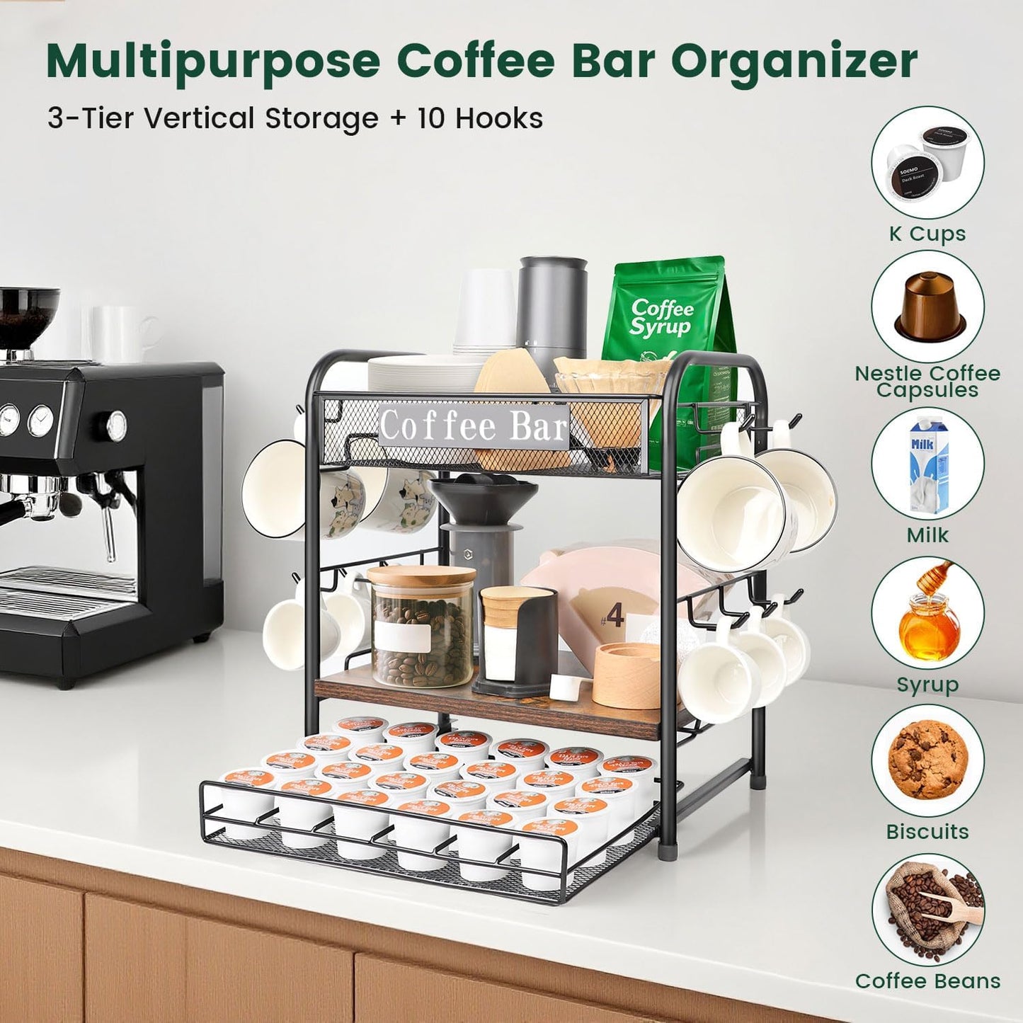 Coffee Bar Organizer, Station Mug Holder for Countertop, Multi-Functional 3 Tier Coffee Cup Tree Rack for Kitchen, Storage Shelf with 10 Hooks, K Cup Pod Organizer Drawer for Home Office