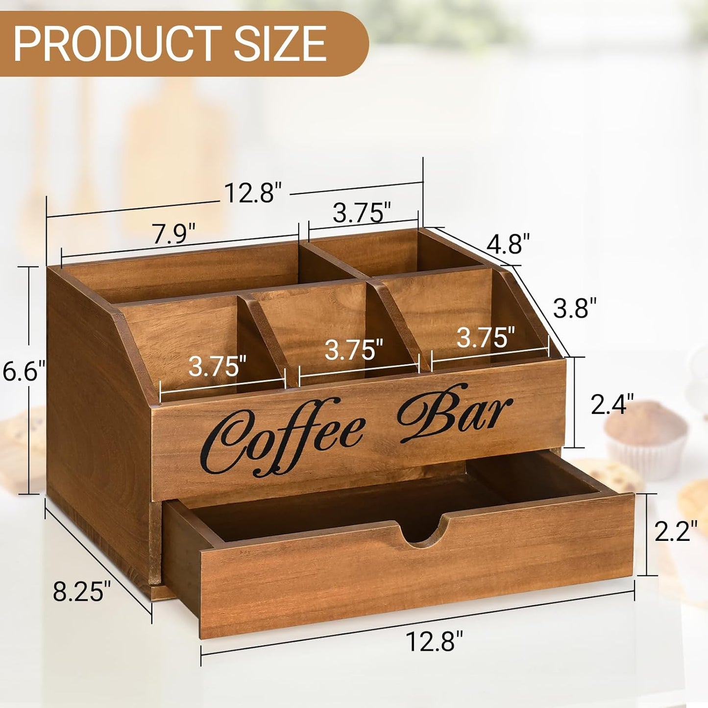 Coffee Bar Organizer Countertop, Wooden Bar Accessories With Drawer, Coffee Station Organizer Pods Holder Storage Basket, Farmhouse Tea Condiment Station