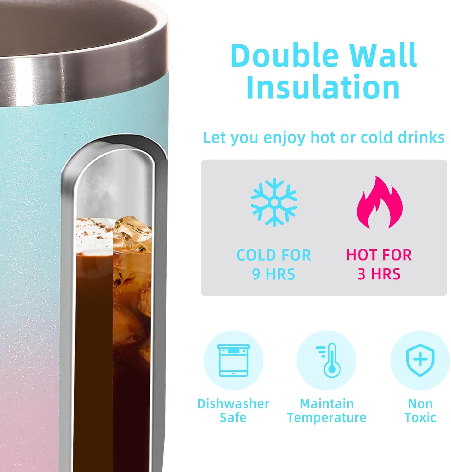 Volhoply 14oz Insulated Stainless Steel Coffee Mug with Lid Bulk 2 Pack,Double Wall Vacuum Travel Coffee Cup with Handle,Reusable Cups Tumbler,Camping Mugs Keep Hot,Ideal Gifts(Green Pink,2)