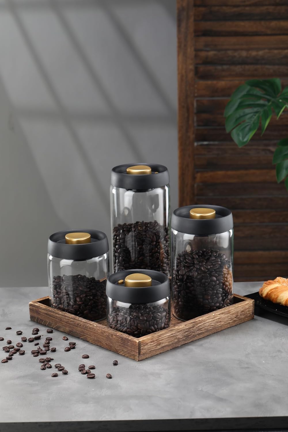 LOEZ Coffee Bean Storage Container Airtight, Lid Sealed with Press-Down Vacuum, Borosilicate Glass Coffee Canister for Ground Coffee, Tea, Beans, Spices (2 x Small - Clear)