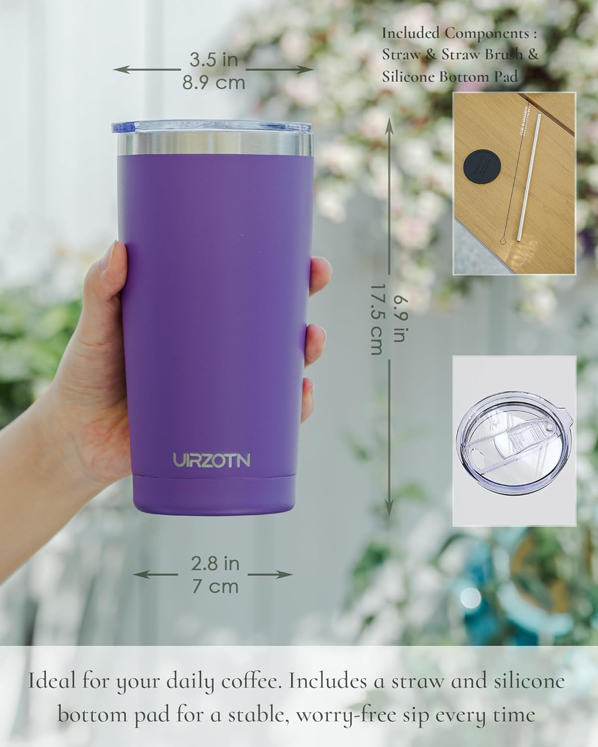 Travel Coffee Tumbler 20oz, Leakproof Travel Coffee Mug with Lid and Straw, Stainless Steel Double Wall Vacuum Insulated Tumbler for Hot/Iced Drinks (Textured Matte, Purple)