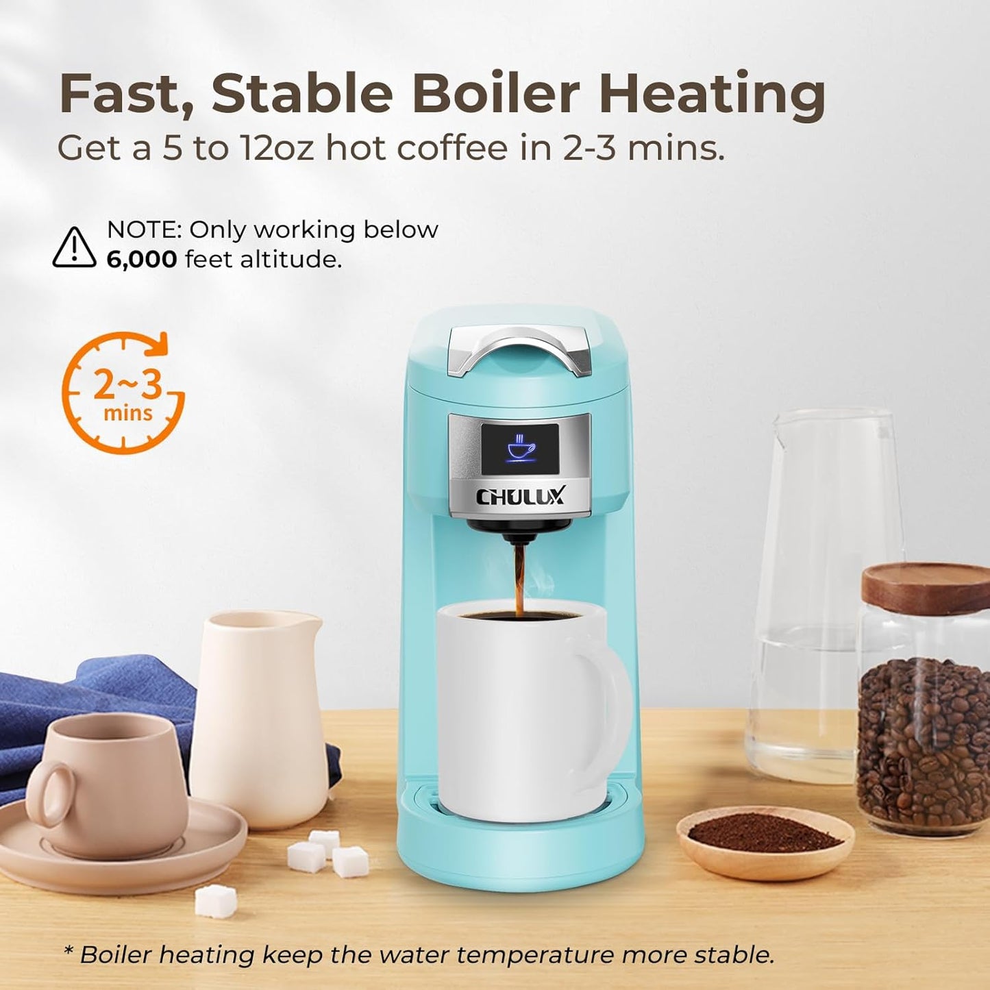 CHULUX Classic Single Serve Coffee Maker for K Cup, One Button Easy Coffee Machine for Office, RV, Travel and Dorm, Cyan