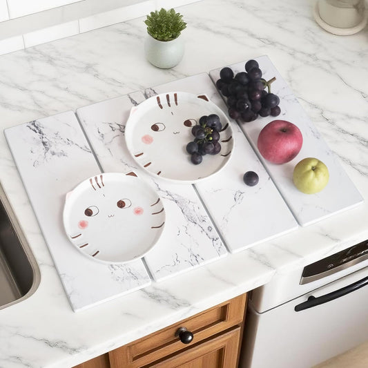 Stone Dish Drying Mat for Kitchen Counter, 24" x 16" Diatomaceous Earth Drying Mat, Foldable Stone Drying Mat, Super Absorbent Fast Dry Stone Mat, Drying Board Diatomaceous for Kitchen, Marble White