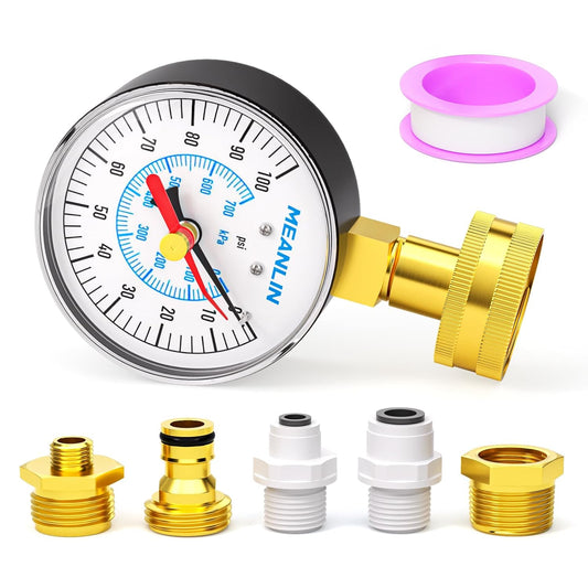 MEANLIN MEASURE 0~100Psi 3/4" Female Water Pressure kit Plus 5 adapters, 2.5" FACE DIAL Multi-Purpose Pressure Gauge kit with Red Indicator Hands, Hydraulic Tester Suitable for Gardens, Water Pipes