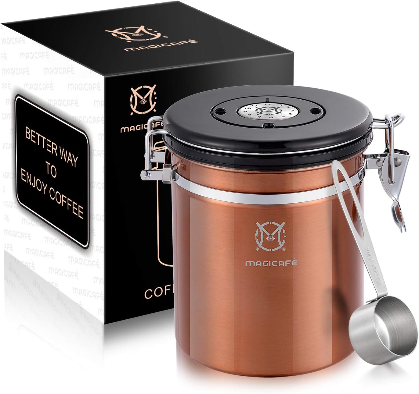 Coffee Container Vacuum Sealed - with Co2 Valve Airtight Beans Grounds Storage Coffee Canister with Scoop Medium Copper 16oz