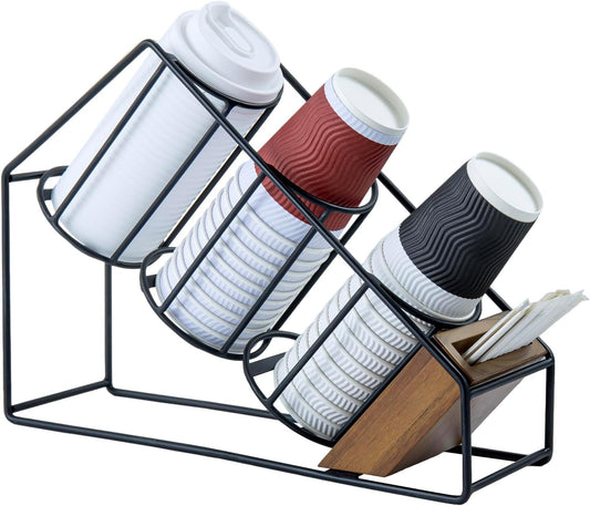 MyGift Industrial Matte Black Metal Wire & Acacia Wood Countertop Disposable Coffee Cup Organizer – Holder Rack for Cups, Lids, Straws, and Stirrers