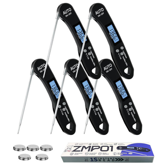 5 PCs Digital Food Thermometer with Fast 1-Second Reading, ±1°F Accuracy, -58°F to 572°F Range | Foldable Probe, Magnetic Back, Backlit LCD, Auto-Off for Grilling, Baking, Smoking