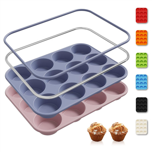 2 Pack 12 Cups Silicone Muffin Pan with Metal Reinforced Frame Regular Size Silicone Molds Cupcake Cake Baking Pans Baking Cupcake Mold Best Baking Pans Tart Pan Sheet Set Reusable Cupcake Liners