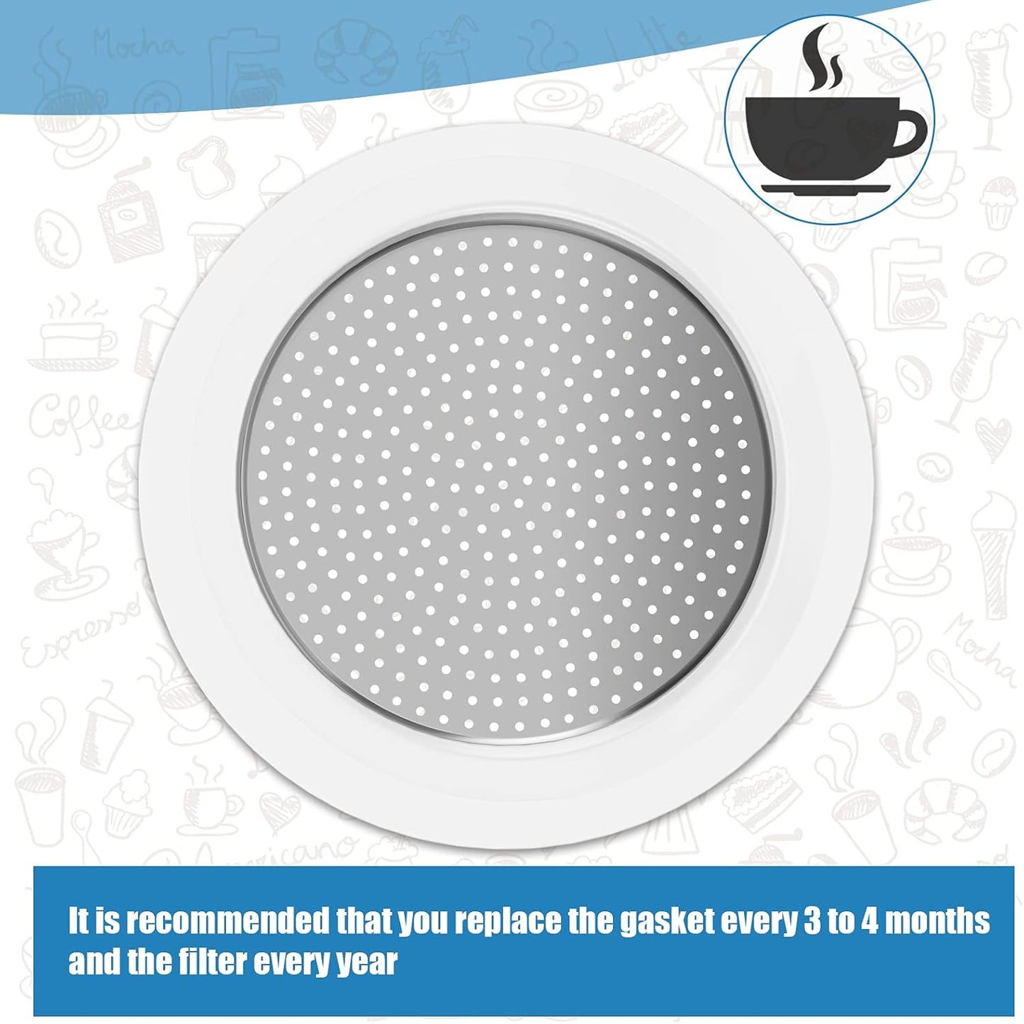 6 Pieces Moka Pot Replacement Cup Gasket with 2 Pcs Stainless Filter Silicone Moka Express Replacement Seals Funnel Kits Compatible Espresso Coffee Maker Parts(2-cup)