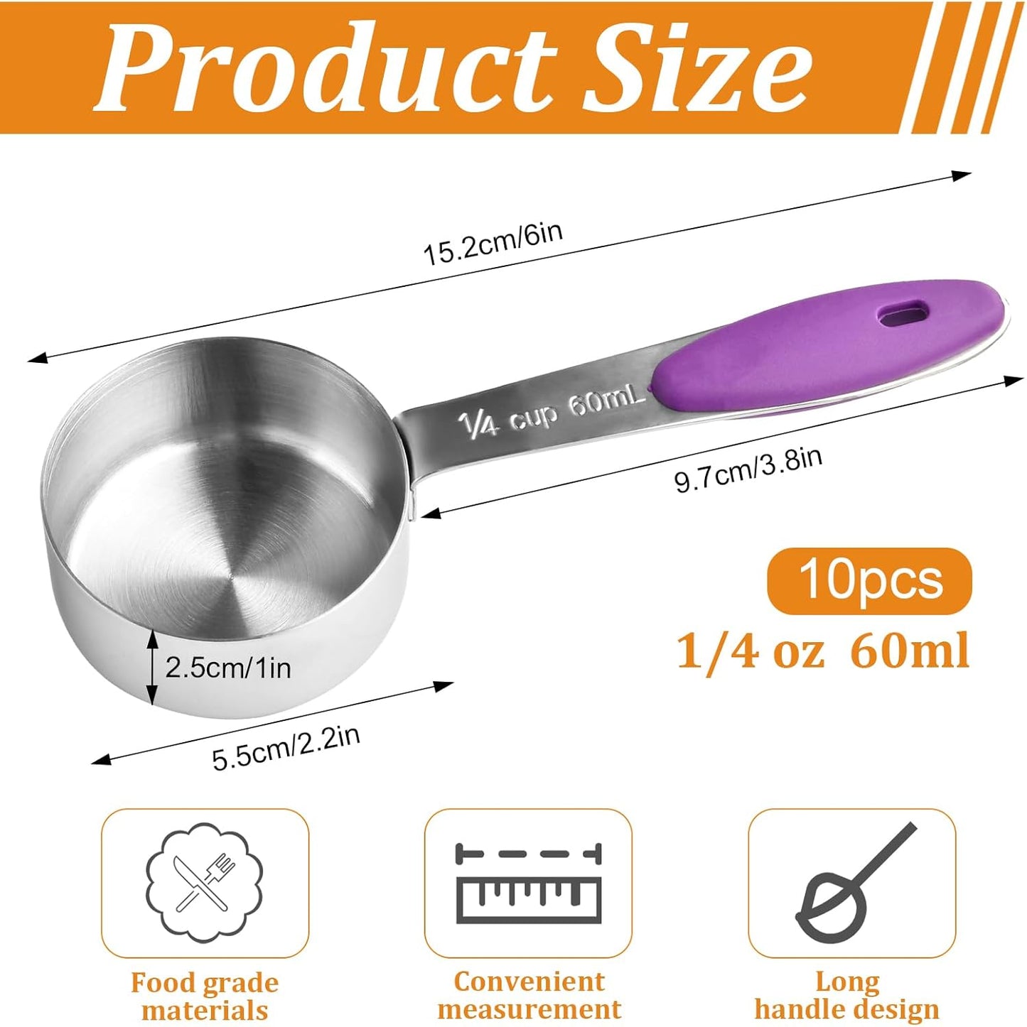 10 Pcs 1/4 Measuring Cup, 2 Oz Stainless Steel Scoop with Silicone Handle, Metal Mini Measuring Scoops Kitchen Gadgets for Cooking Baking,Coffee Bean Pet Food,Ingredients,Purple