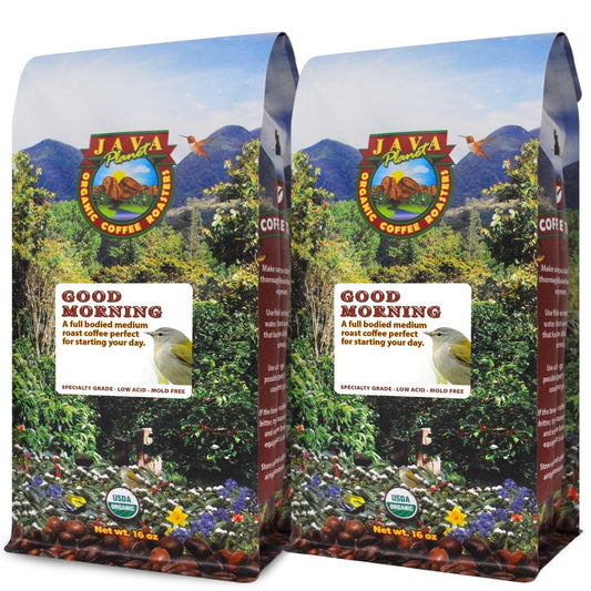 Low Acid Organic Coffee – Whole Bean, Mold-Free & Stomach Friendly by Java Planet, Good Morning Blend Coffee, Medium Roast, Smooth Full Flavored, 2x1LB Bag