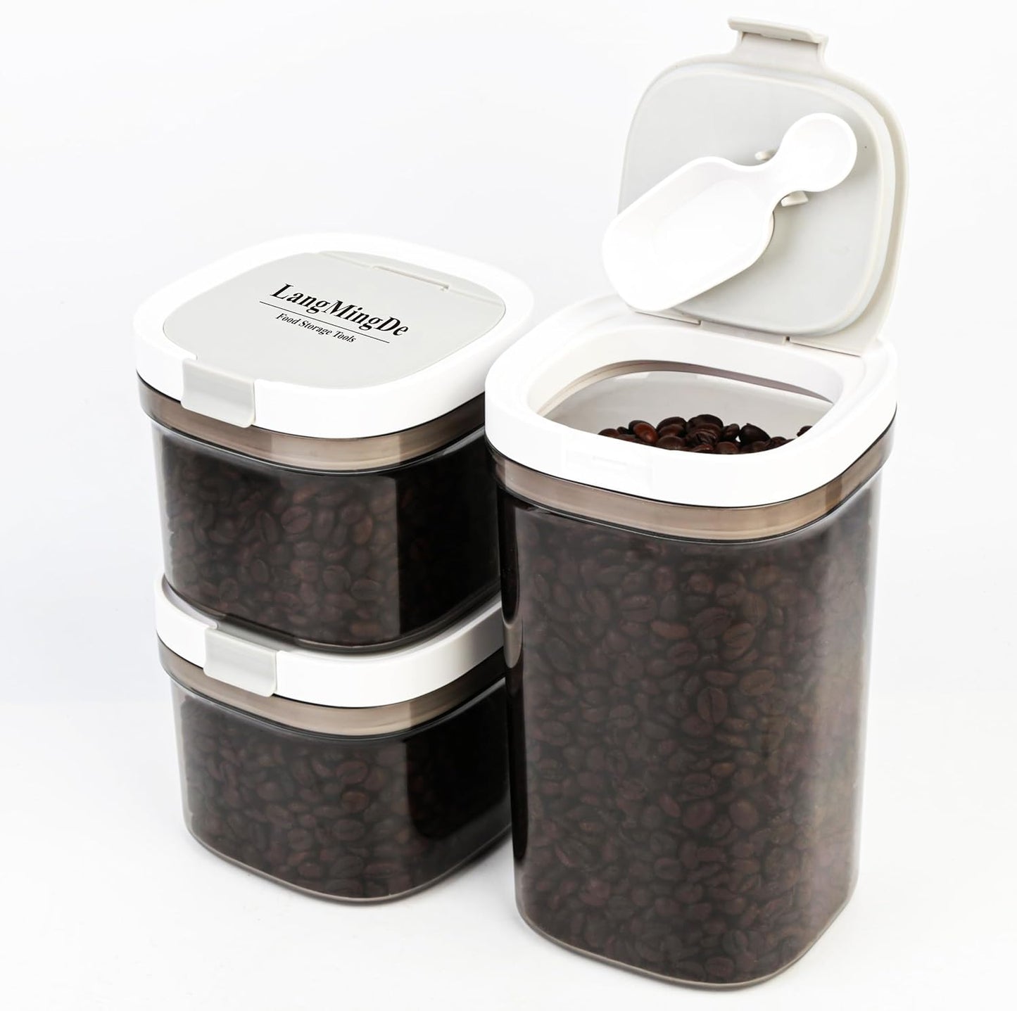 3 Piece Airtight Kitchen Storage Canisters Set, Coffee and Dry Food Storage Containers, BPA-Free, Stackable, Easy-Clean, Perfect for Coffee, Flour, Sugar, Includes Scoop