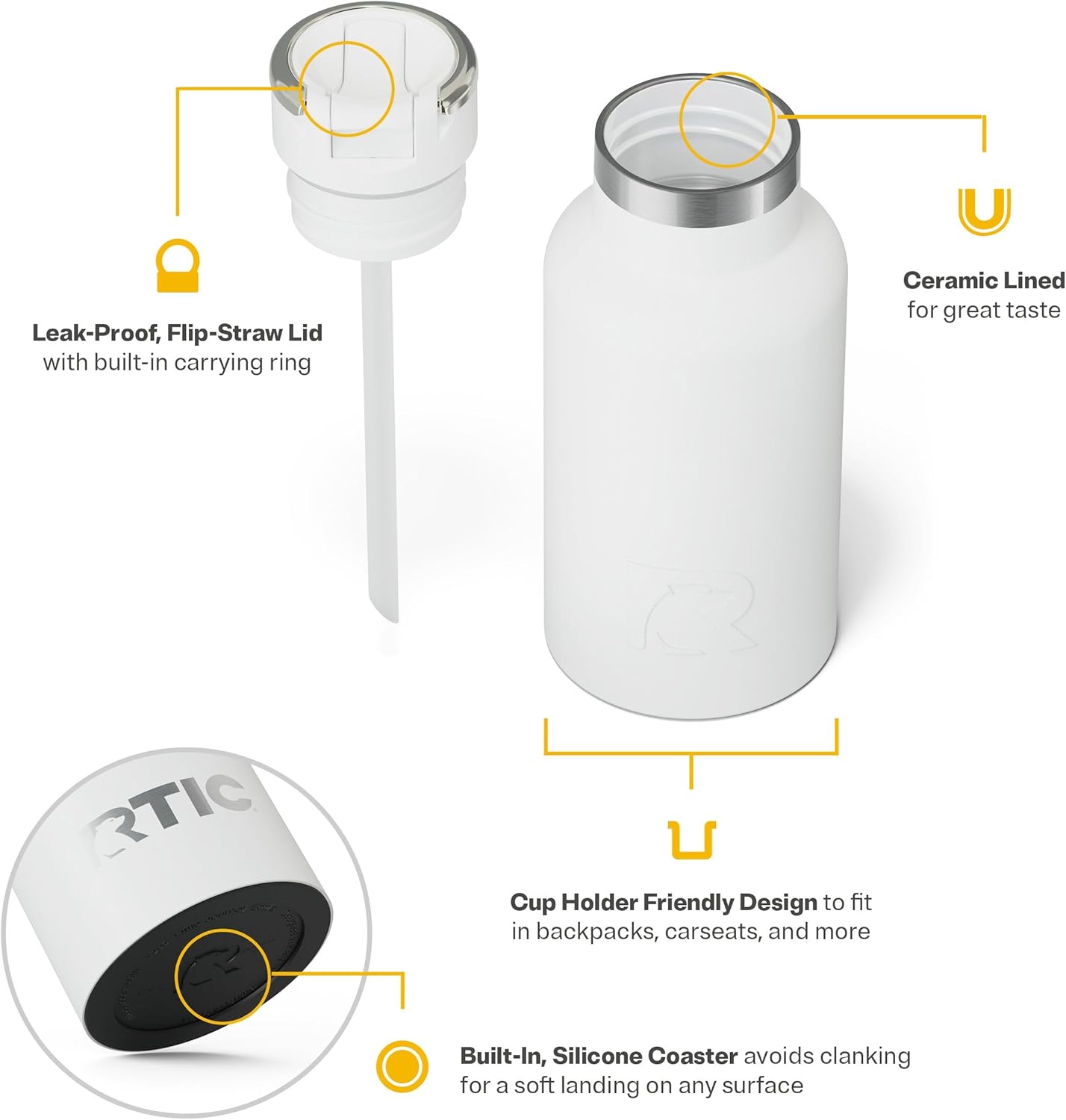 RTIC Little Journey Bottle with Straw, Insulated, Stainless Steel, Metal, Double Wall Vacuum-Insulation, Ceramic-Lined, Leak-Proof Lid, BPA-Free Water Flask for Sports, Travel, Flag Red