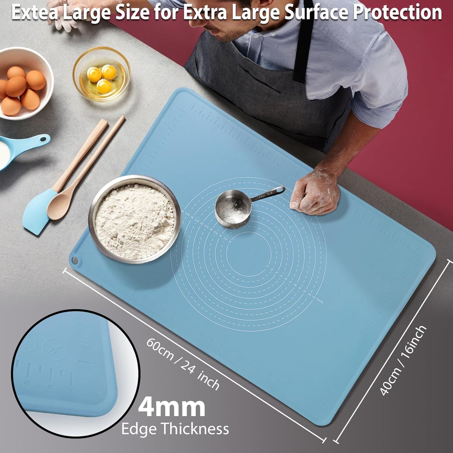 24"X16" Silicone Baking Mat Extra Large Non-stick Pastry Mat with High Edge, Dough Rolling Board for Pastry, Macarons, Pies, Bread, Cookies, Pizza, Fondant, Pasta, Food Grade Silicone Baking Supplies