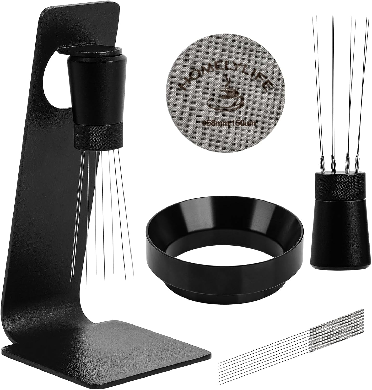 WDT Tools Espresso Puck Screen, 58mm Espresso Accessories Kit - 150μm Puck Screen Set, 0.25mm 316 Stainless Steel 8 Needles Coffee Distribution Stirrer, 58mm Portafilter Dosing Ring for Barista Black