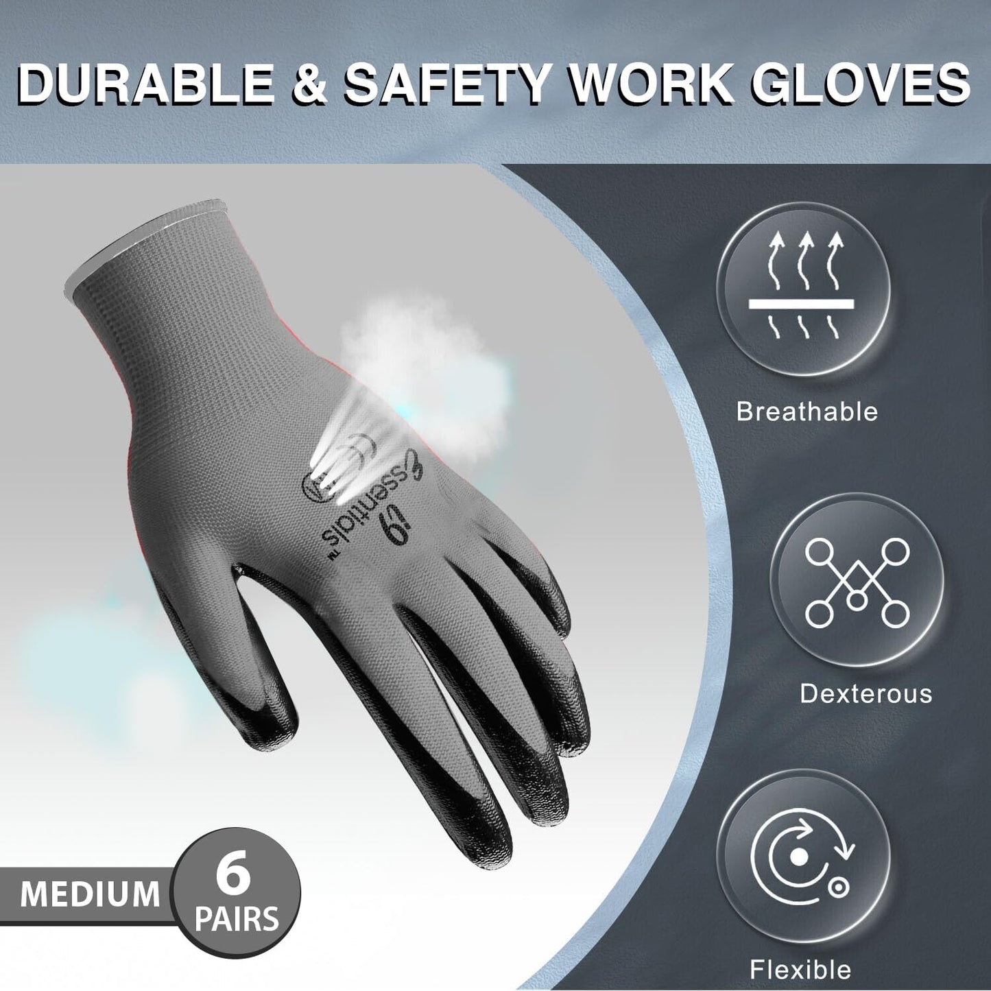 I9 Essentials 6 Pairs Nitrile Coated Work Gloves – Medium,Lightweight Grip Gloves for Men & Women – Gardening, Construction, Mechanic, Woodworking