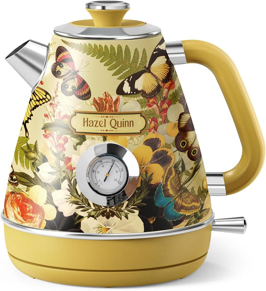 Hazel Quinn X Eduardo Recife Electric Kettle - 1200W Fast Water Boiling, 1.7L/57oz, All 304 Stainless Steel Interior, BPA-Free, Auto Shut-Off, Cordless Retro Teapot with Thermometer - Floral Patterned