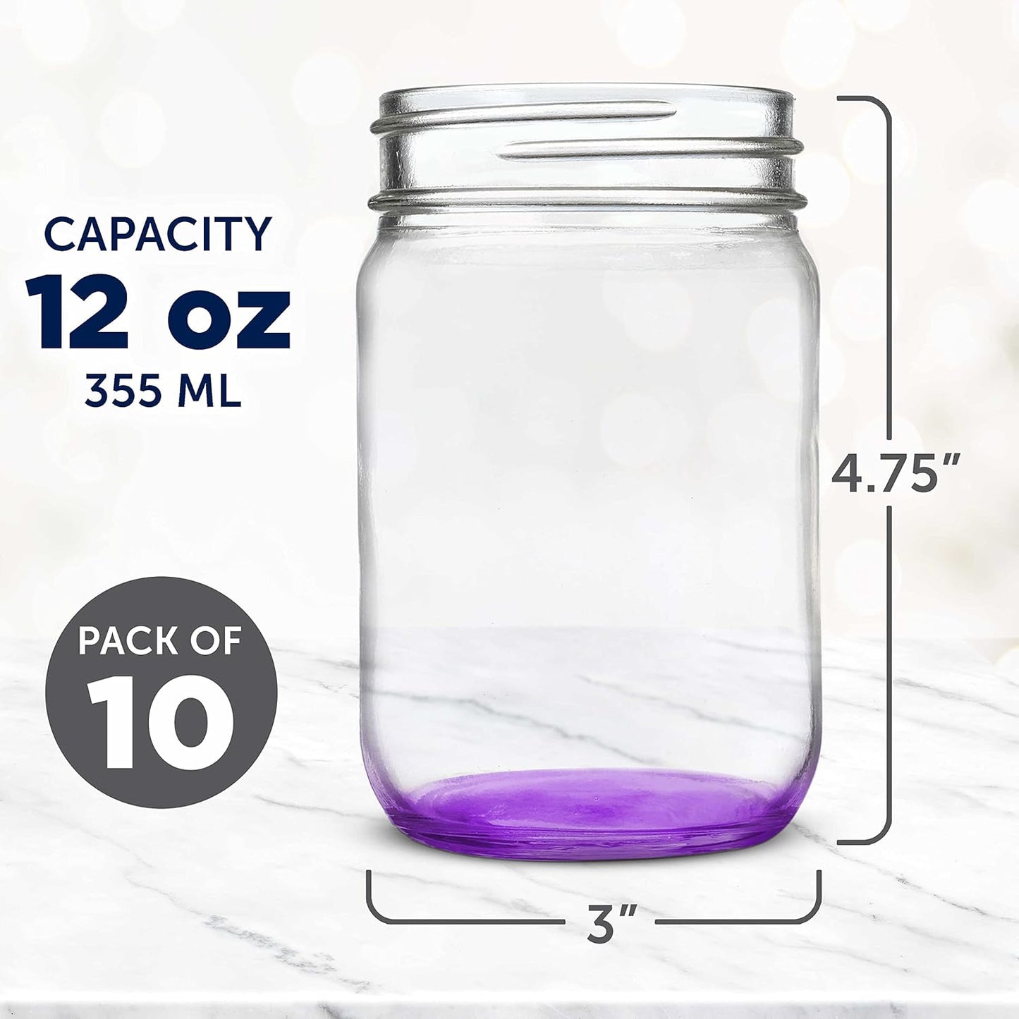 DISCOUNT PROMOS Decorating Mason Jars 12 oz. Set of 10, Bulk Pack - Glass Jars for Overnight Oats, Candies, Fruits, Pickles, Spices, Beverages - Purple