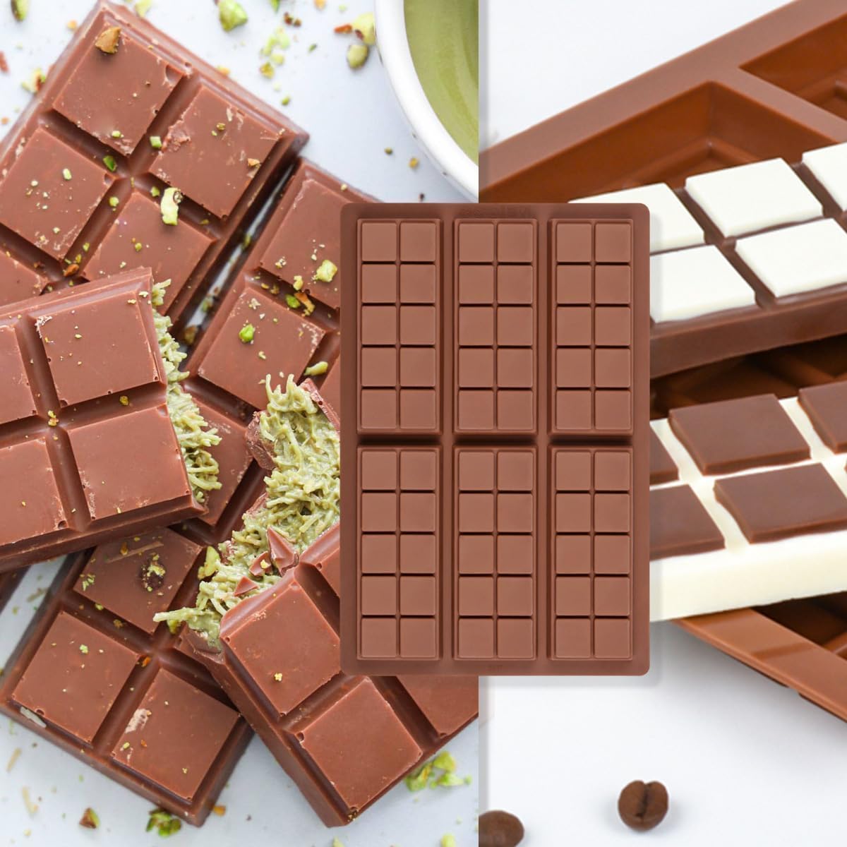 Chocolate Bar Mold, Dubai Chocolate Bar Mold Deep Silicone Break-Apart Chocolate Mold Nonstick Thick Candy Mould for Dubai Pistachio 1 Pack（10 Snap）