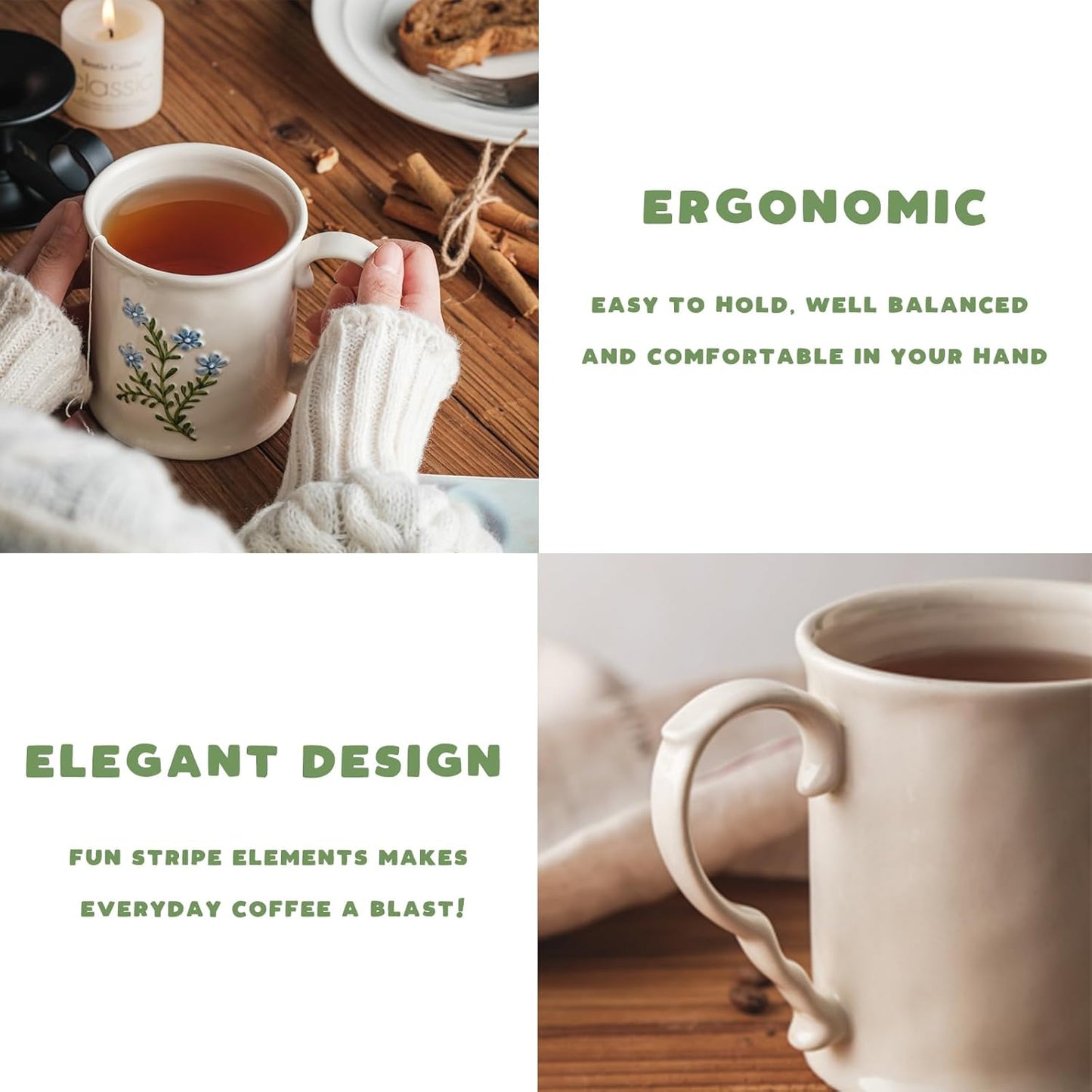 2 Pack Floral Ceramic Coffee Mugs - Yellow and Blue Flowers, Hand-Painted, Microwave & Dishwasher Safe, Ideal for Cappuccino, Tea, Hot Chocolate