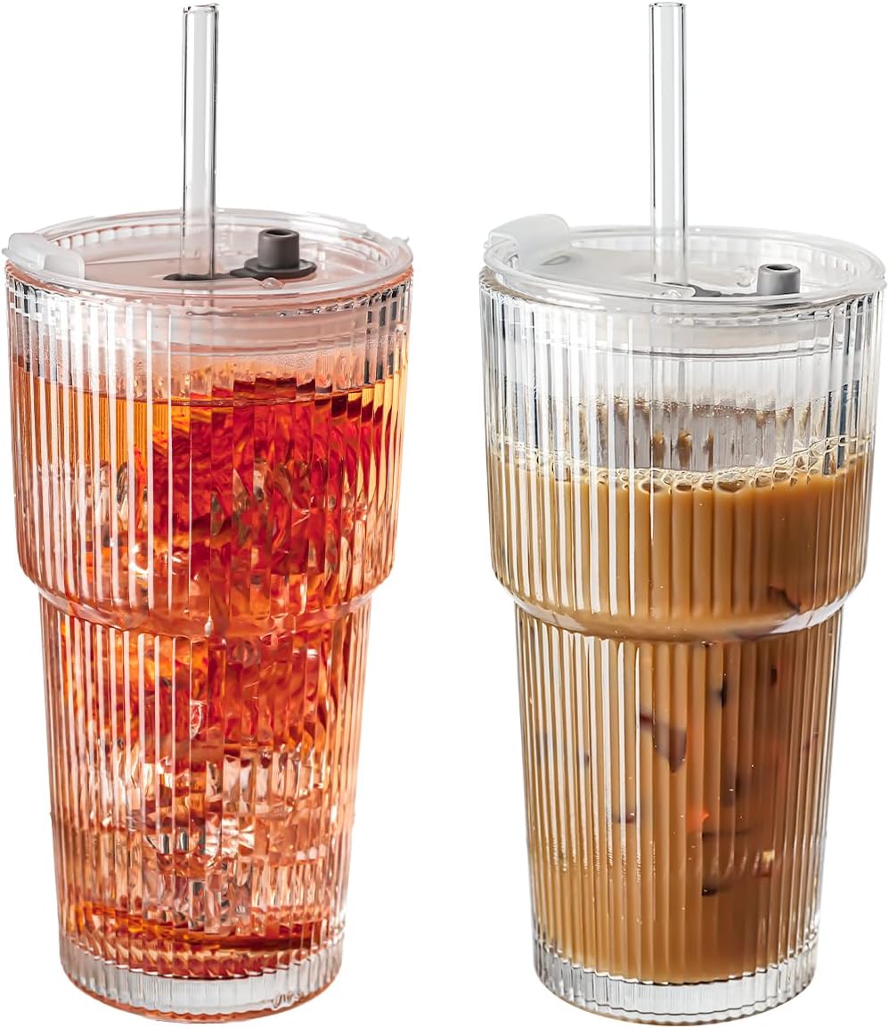 20oz Ribbed Glass Tumblers with Lids & Straws, Ideal for Iced Coffee, Cocktails & More - Includes Cleaning Brush