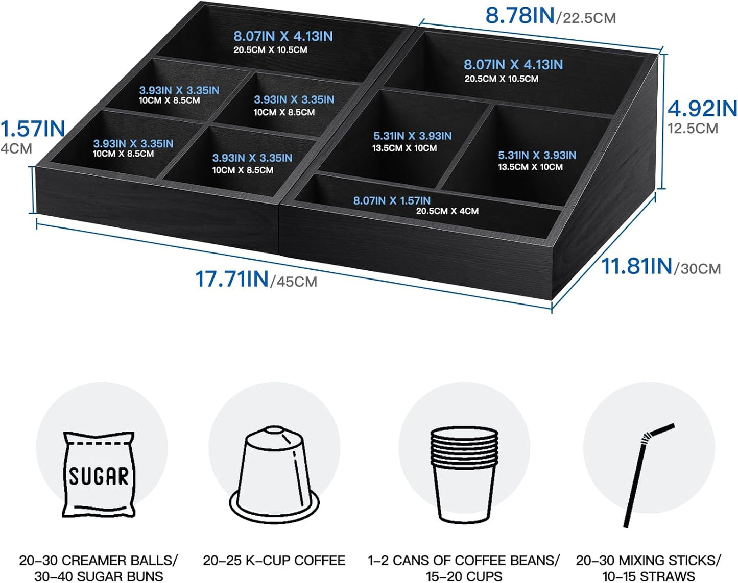 Coffee Station Organizer Coffee Condiment Service Tray with 9 Compartment for Counter, Wood Coffee Bar Supplies Organizer for Home Office Breakroom Two-in-One Black