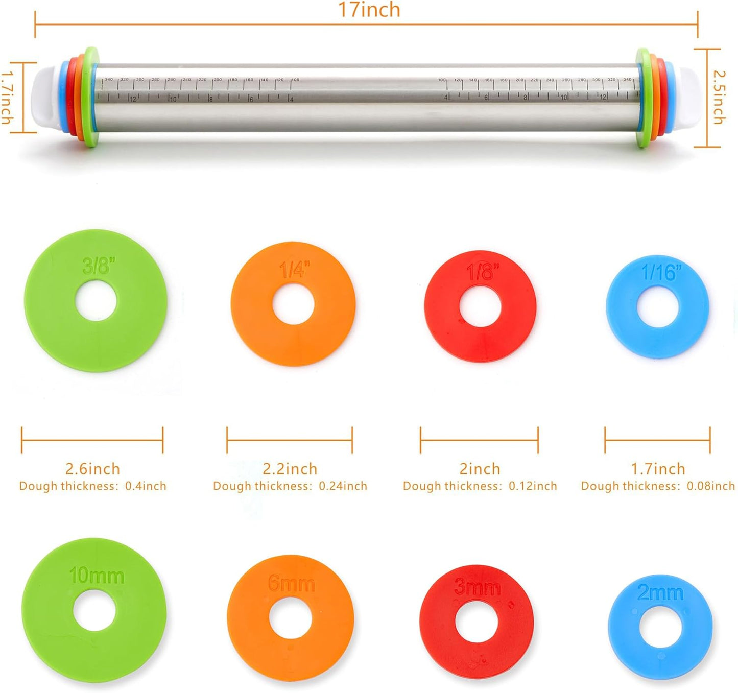 Rolling Pin with Thickness Rings, Fulimax 17" Adjustable Stainless Steel Rolling Pins for Baking, Dough Roller for Fondant Pizza, Pie, Pasta, Cookies, Cakes, Kitchen Baking Supplies