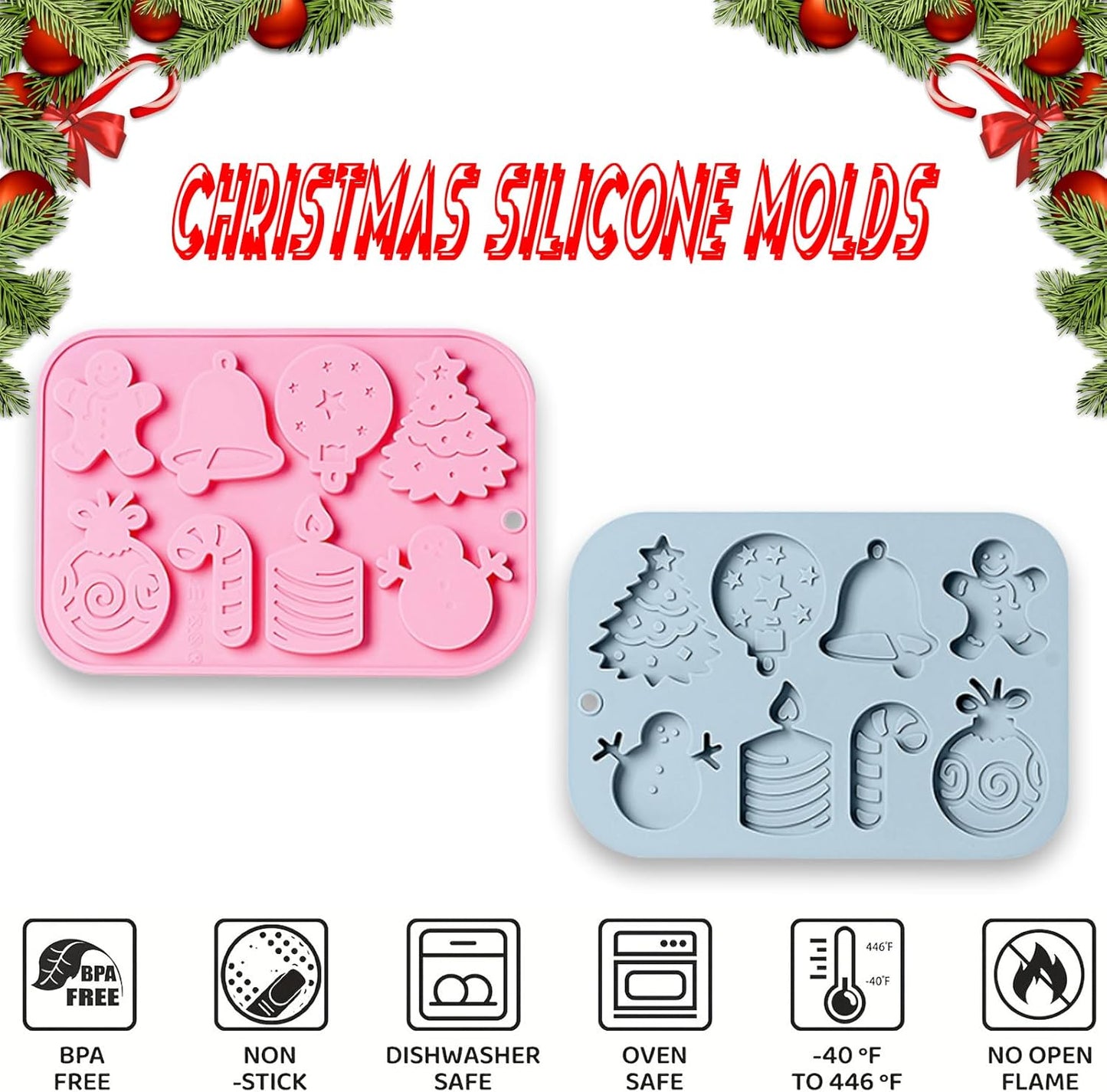 Christmas Silicone Chocolate Molds, 2 Pcs Snowman Bell Candle Gingerbread Man Walking Stick Christmas Tree and Gift Set 3D Shaped Molds, for Jelly Soap Fondant Candy Pastry Gummies Cake Decorating