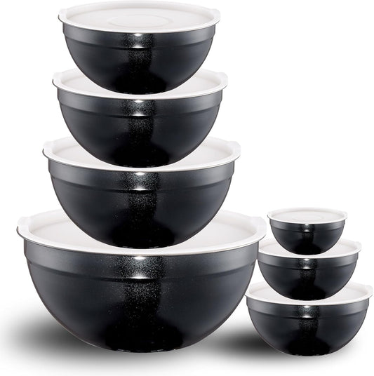 Black Mixing Bowls with Lids Set of 7, Stainless Steel Nesting Bowl with Khaki Lid for Non-slip Mixing Prepping Storing Serving, 7 Sizes-7/3.6/2.7/2.1/1.5/1/0.8 QT