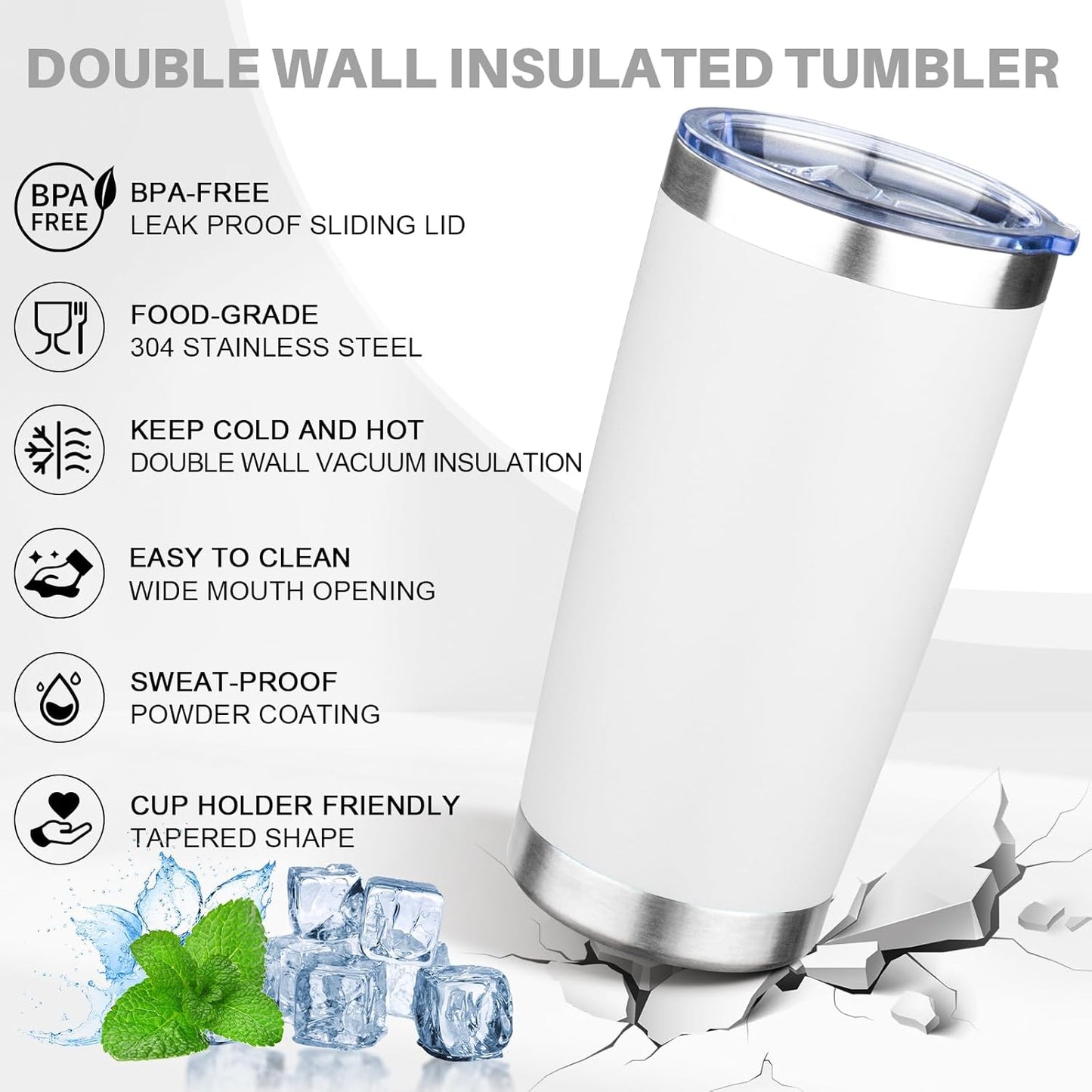 20oz Tumbler with Lid Double Wall Vacuum Insulated Travel Coffee Mug Stainless Steel Thermal Cup Powder Coated Sturdy Coffee Tumbler Bulk for Hot and Cold Beverage (White,6)