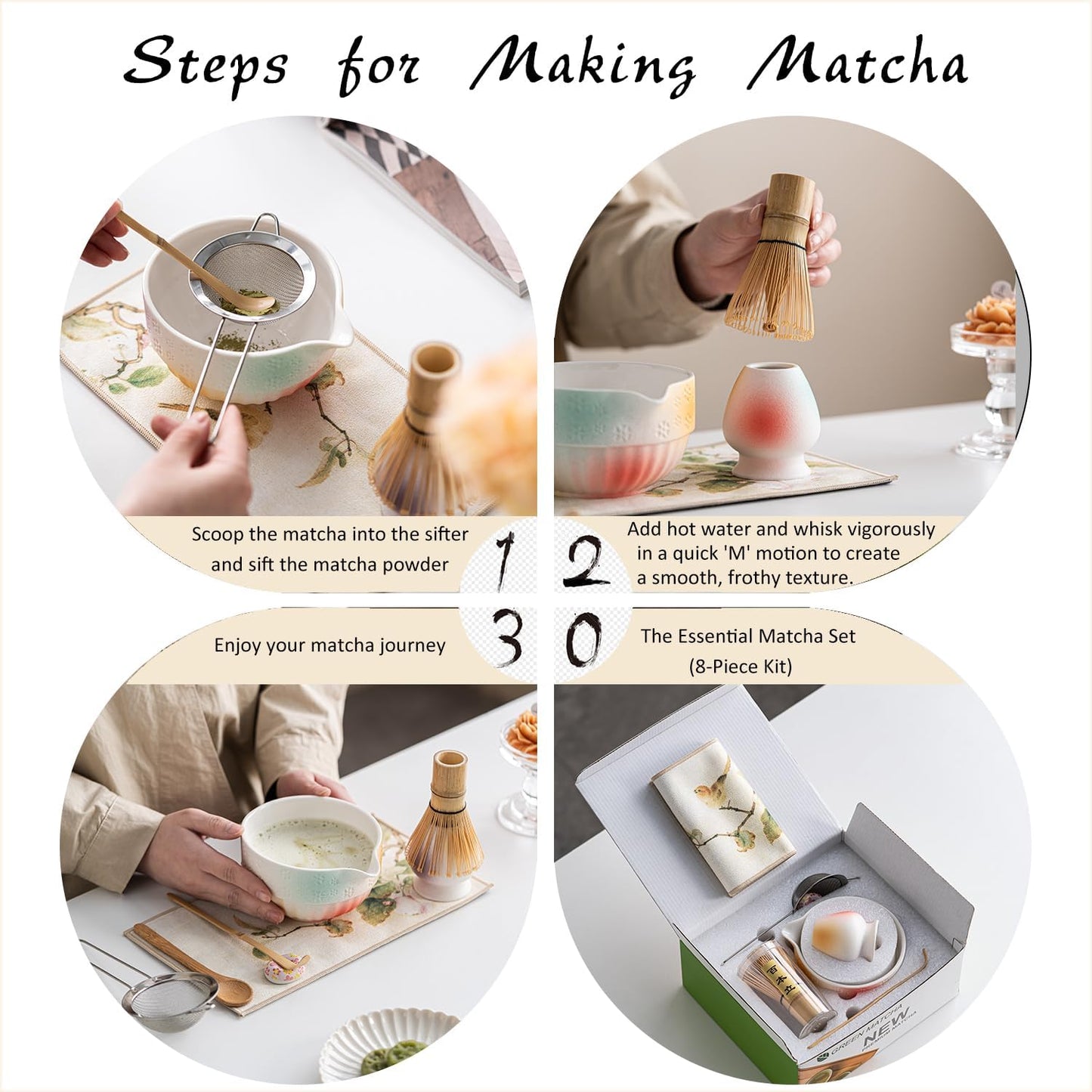 Matte Textured Ceramic Matcha Whisk Set, 8-Piece Matcha Kit Includes Matcha Bowl, Bamboo Whisk, Chasen Holder, Scoop, Scoop Rest, Sifter & Tea Towel for Japanese Tea Ceremony, Latte Making & Home Use