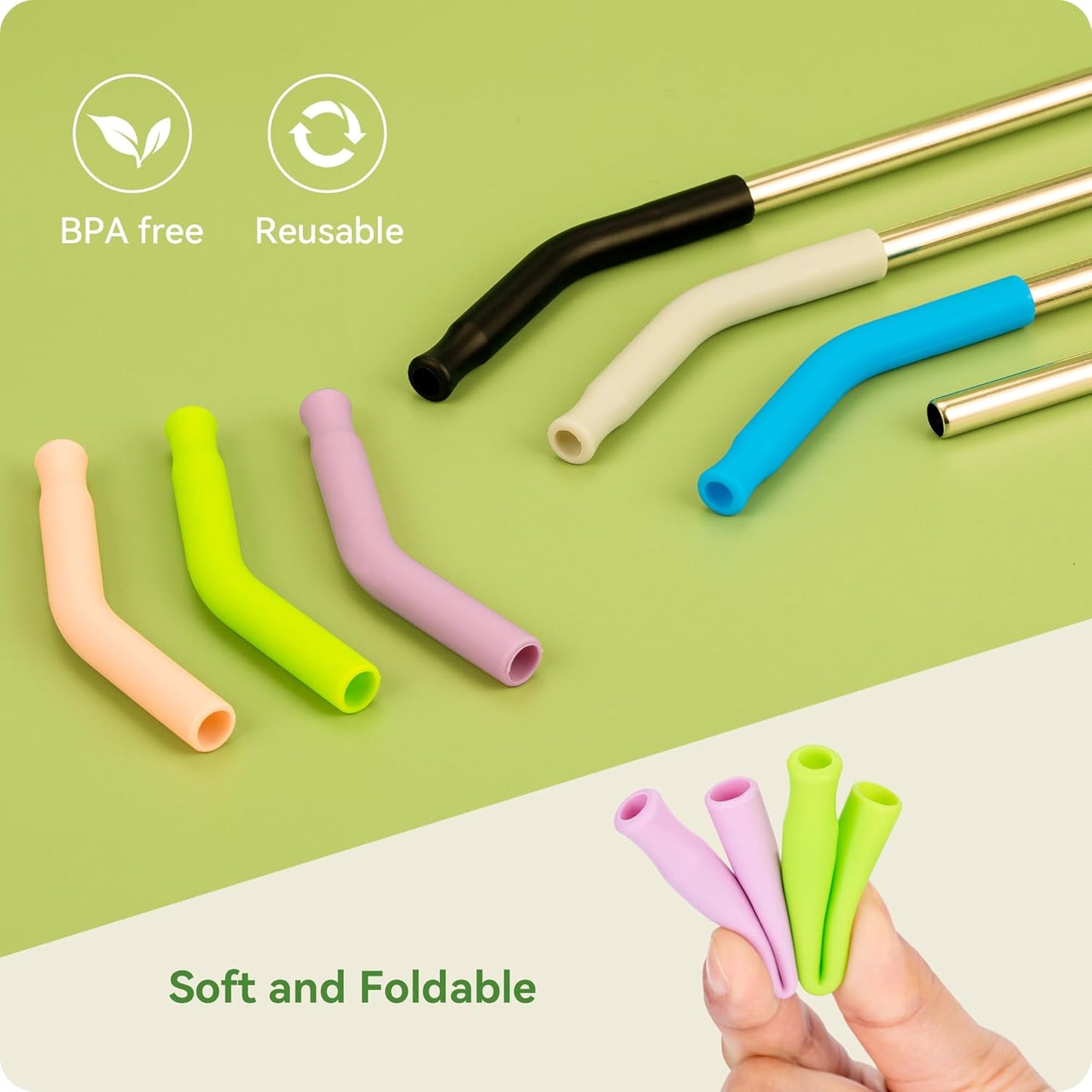 Snowfall 2 Pcs Replacement Metal Straws for Stanley 14 OZ, 20 OZ Tumbler, Stainless Steel Straws with Silicone Tip for 20 OZ Tumbler, Straw Brush (Apple Green)